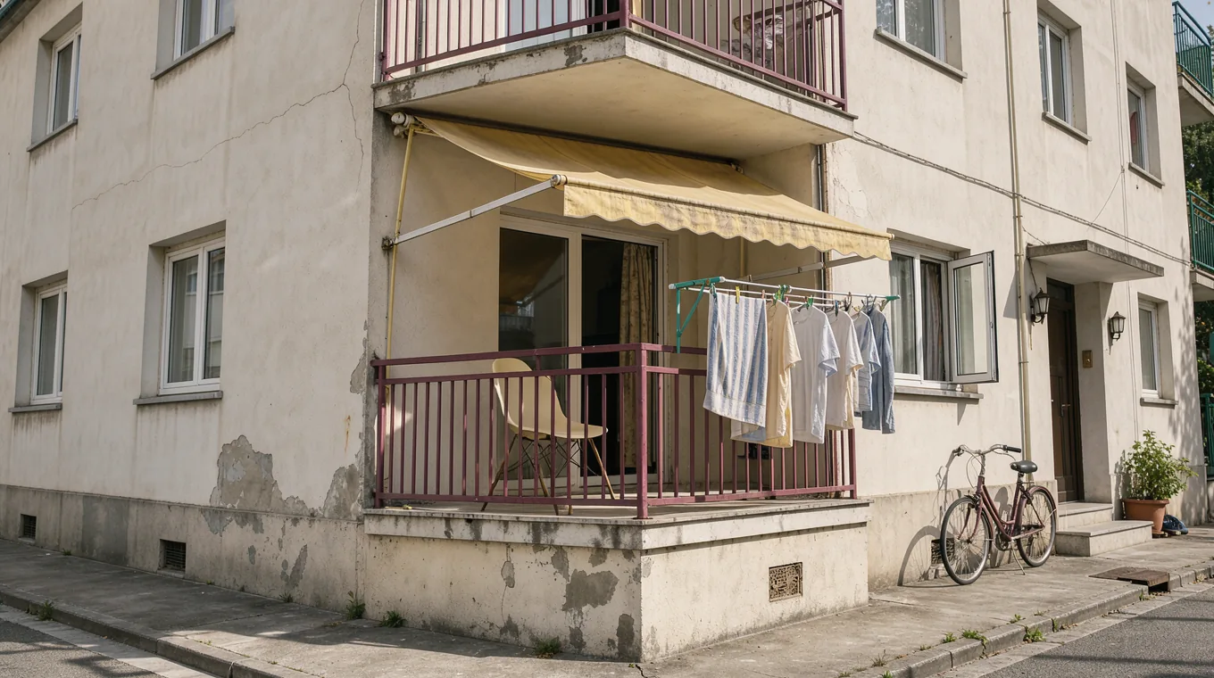 A pale apartment corner with berry balcony rails and a lemon awning above an ordinary residential street