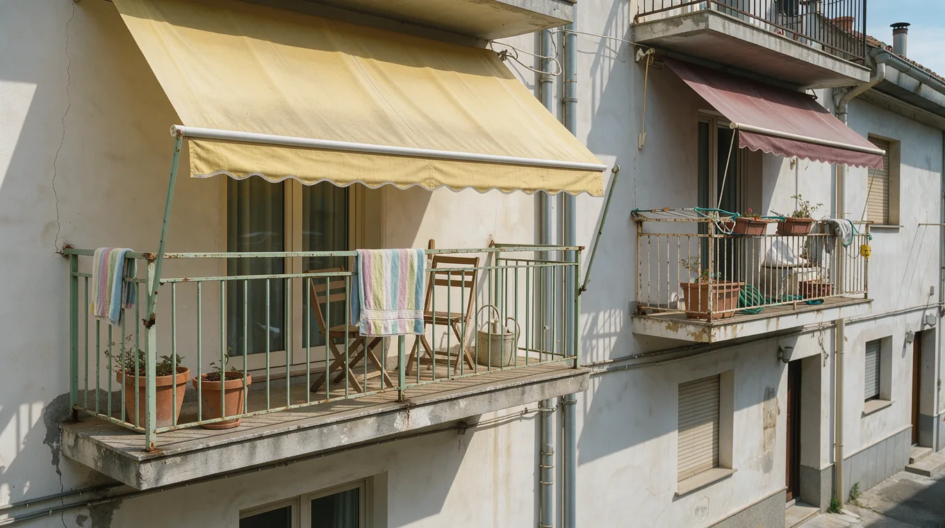Two differently painted apartment balconies with lemon and berry awnings seen from the street