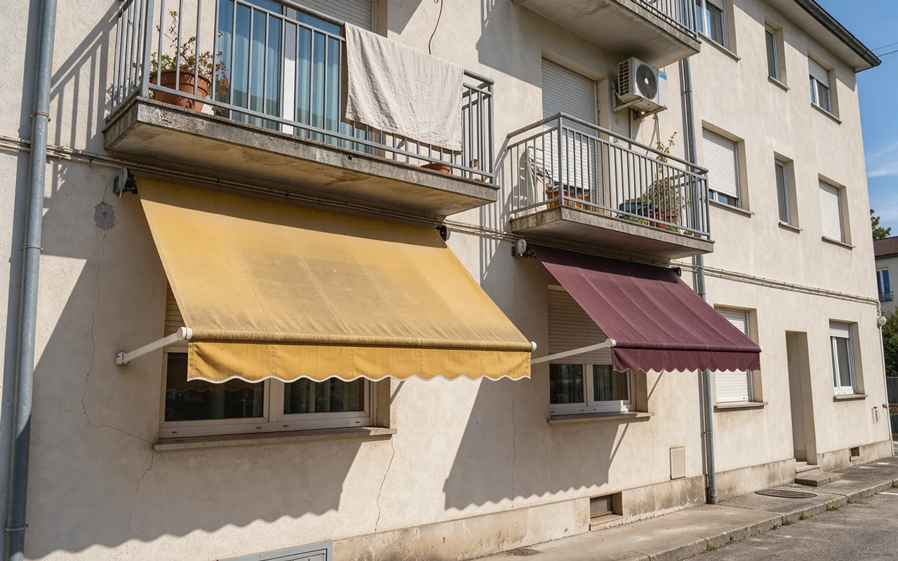 Two fabric awnings, one yellow and one berry, shade windows under apartment balconies
